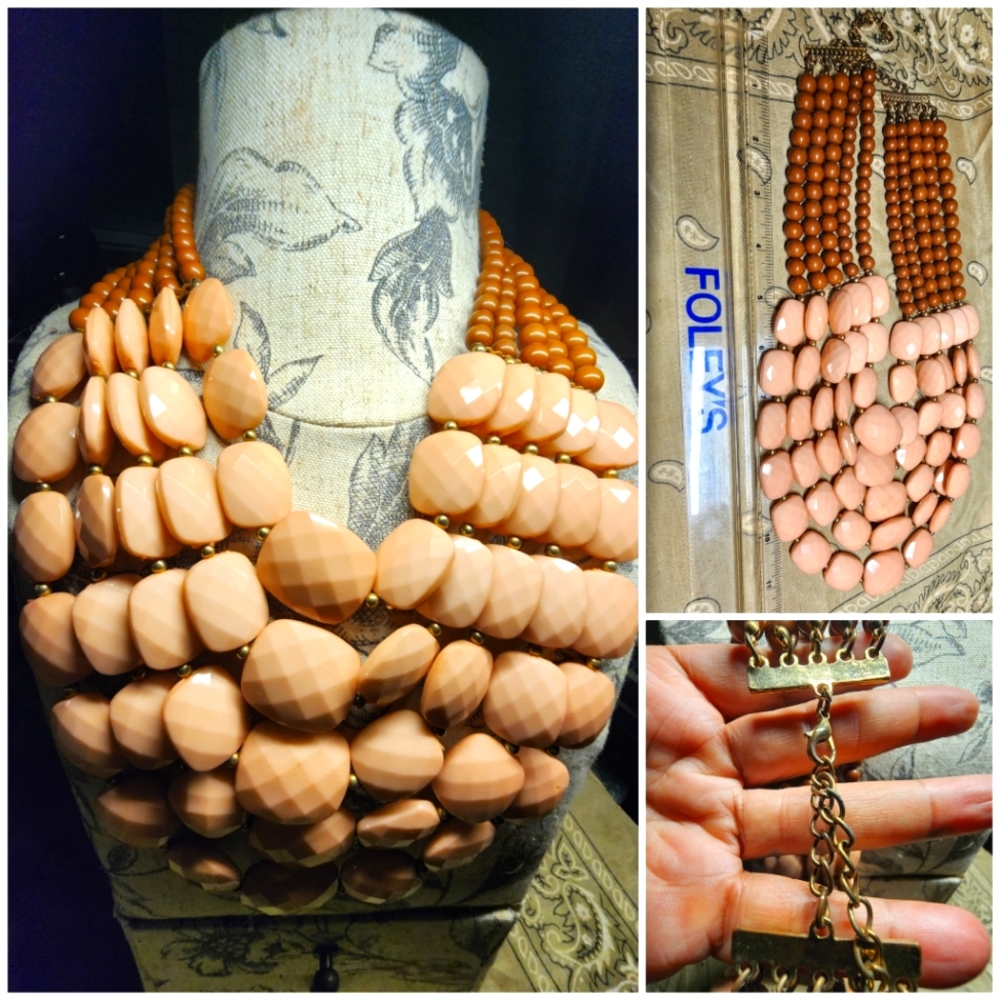 Peachy/Pinkish Multi-Layer Large Beads Necklace, Approx. 11.5" Hang Fastened